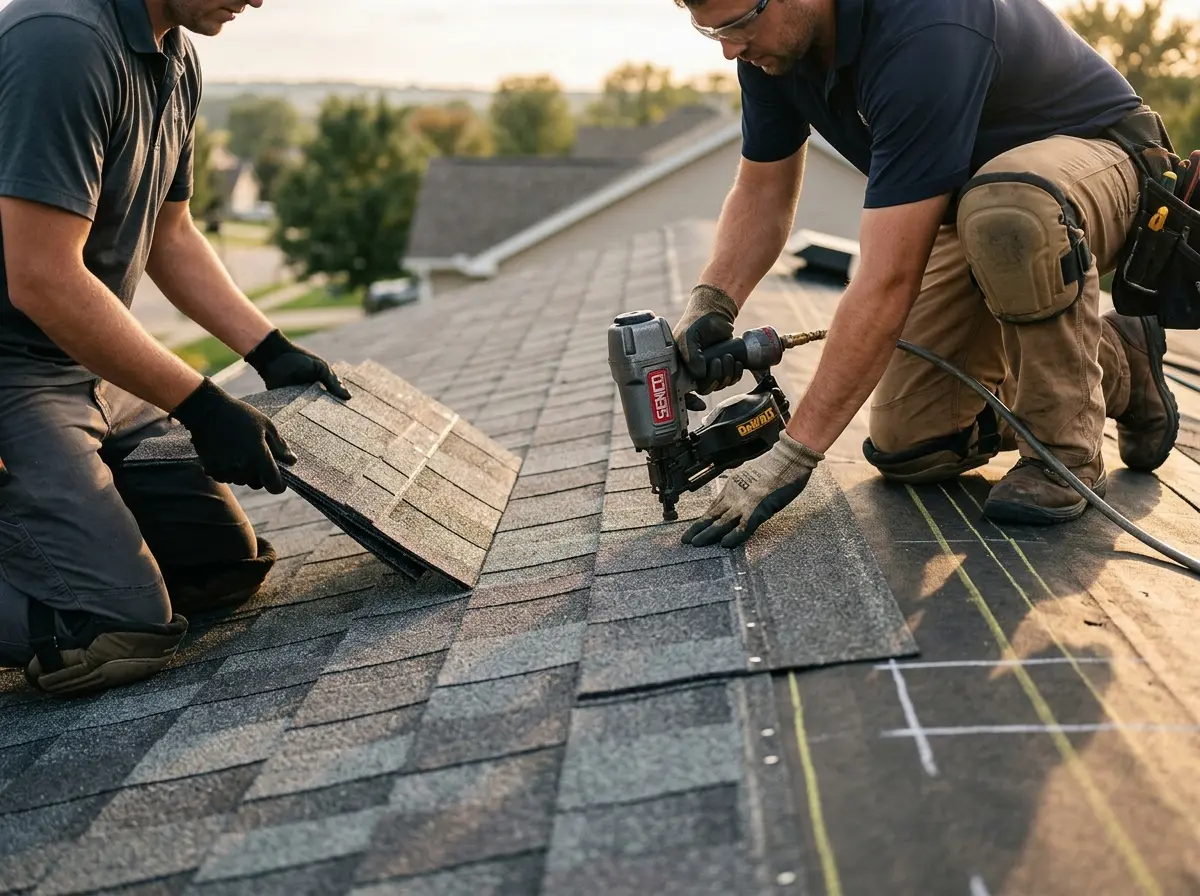 Professional roofer working on a residential roof in Little Falls